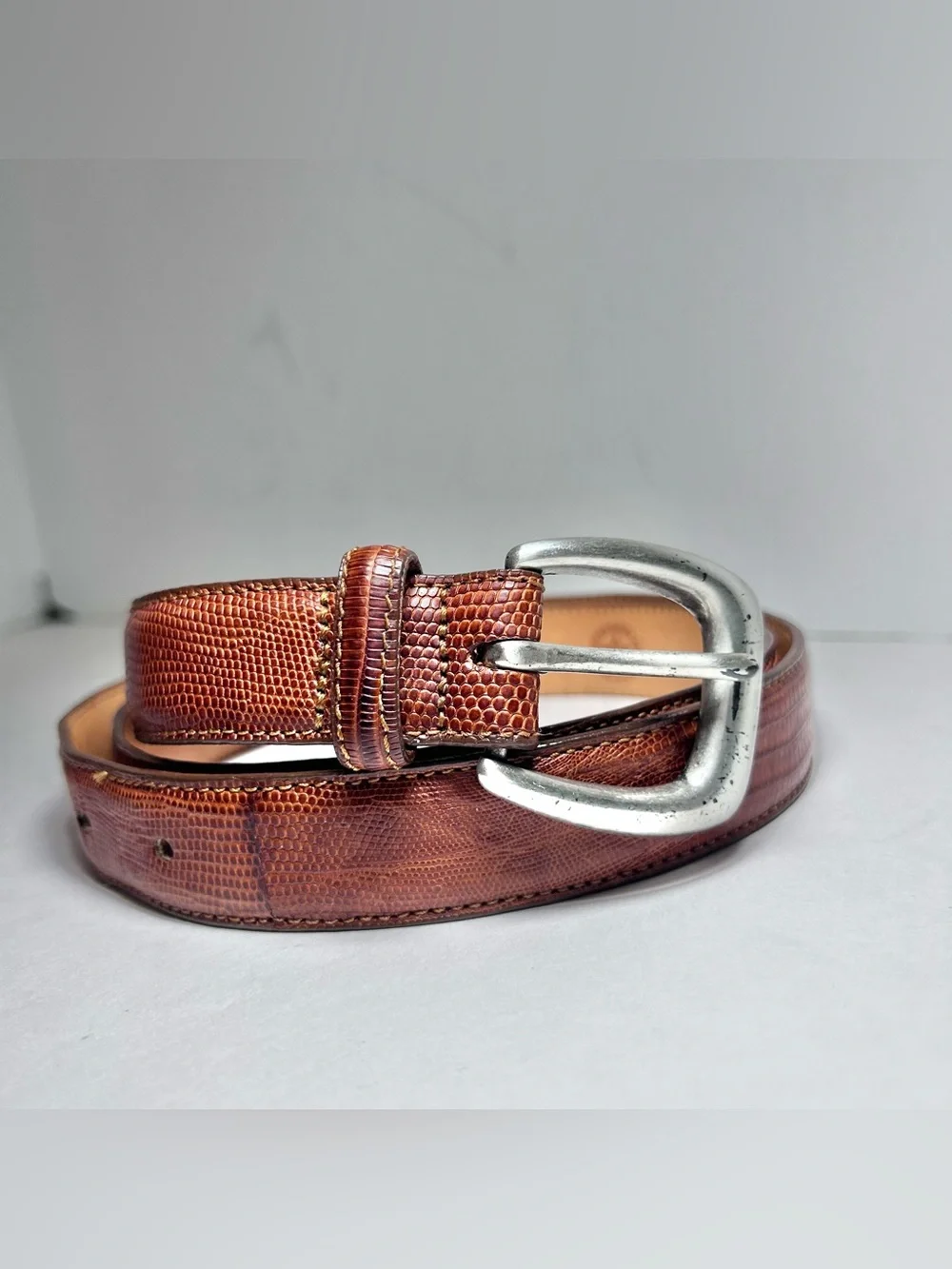 Vintage Land’s End Lizard Skin Brown Leather Belt Men’s 36